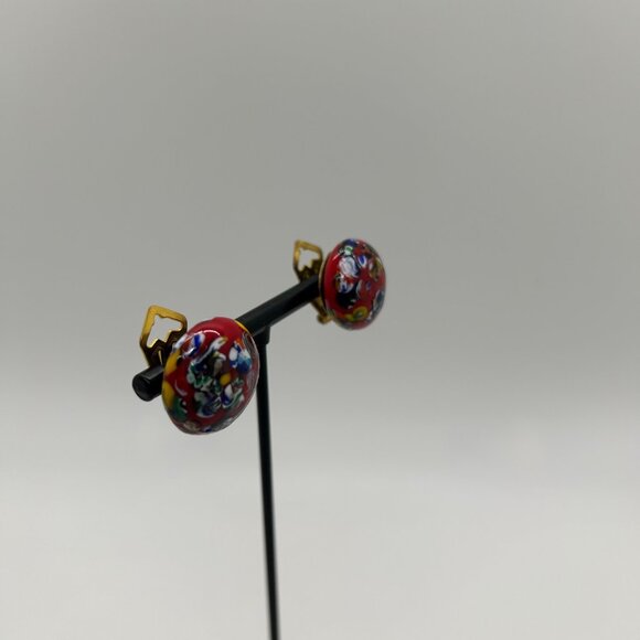 Vintage Red Venetian Glass Clip-On Earrings With Gold Tone Backs 3/4" Diameter - Picture 15 of 16